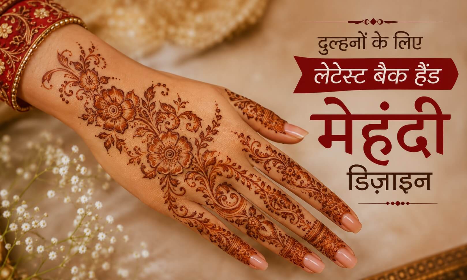 दुल्हनों के लिए लेटेस्ट बैक हैंड मेहंदी डिज़ाइन के साथ फ्लोरल ब्राइडल मेहंदी लगी हुई महिला का हाथ