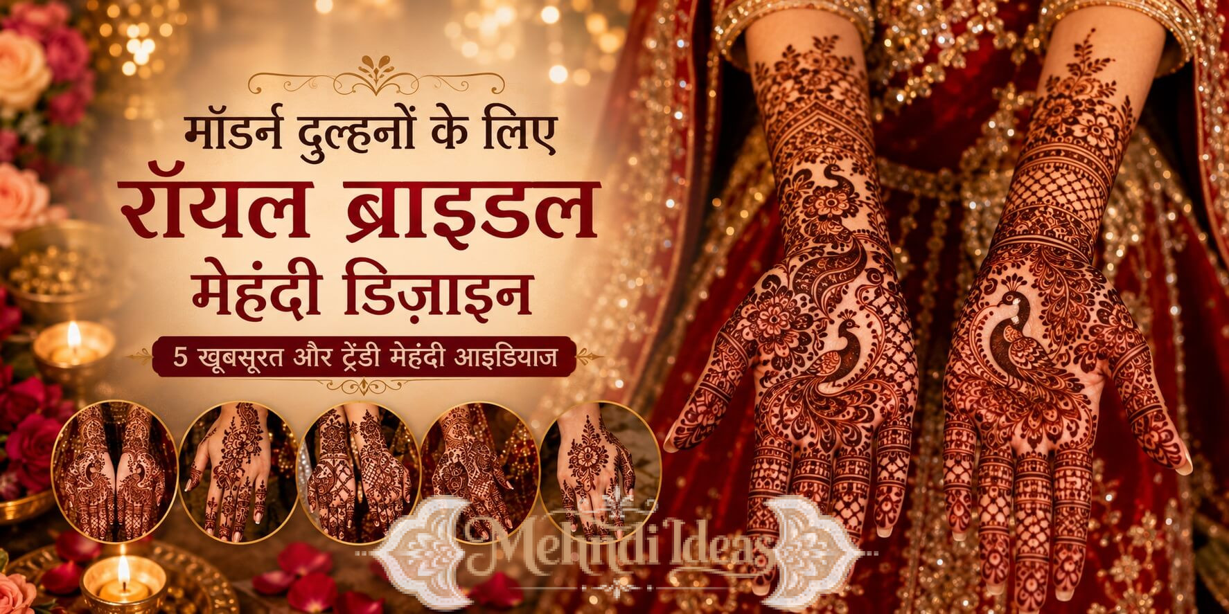 मॉडर्न दुल्हनों के लिए रॉयल ब्राइडल मेहंदी डिज़ाइन, मोर पैटर्न और फुल हैंड ब्राइडल मेहंदी के साथ दुल्हन के हाथों का दृश्य