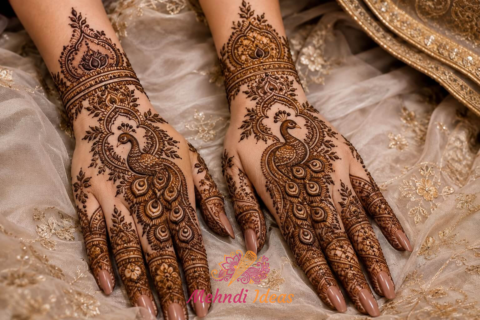 मुकुट शैली के मोर पंखों वाला बैक हैंड ब्राइडल पीकॉक मेहंदी डिज़ाइन