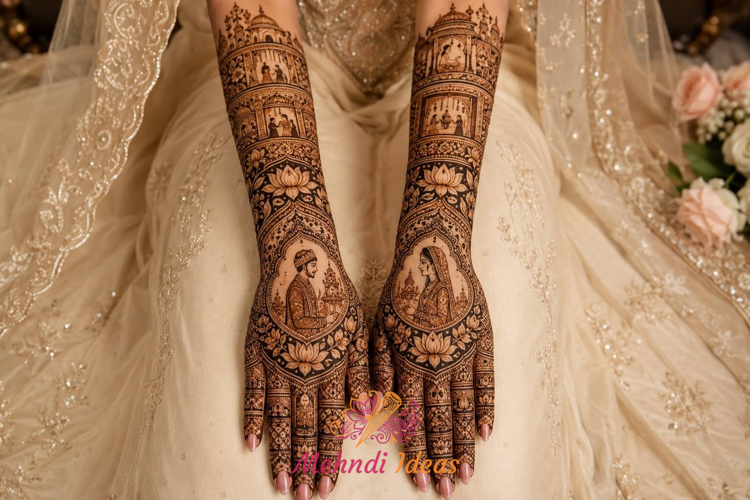 दुल्हन-दूल्हा कमल कथा ब्राइडल मेहंदी डिज़ाइन बैक हैंड पर कमल और विवाह कथा प्रेरित शाही पैटर्न