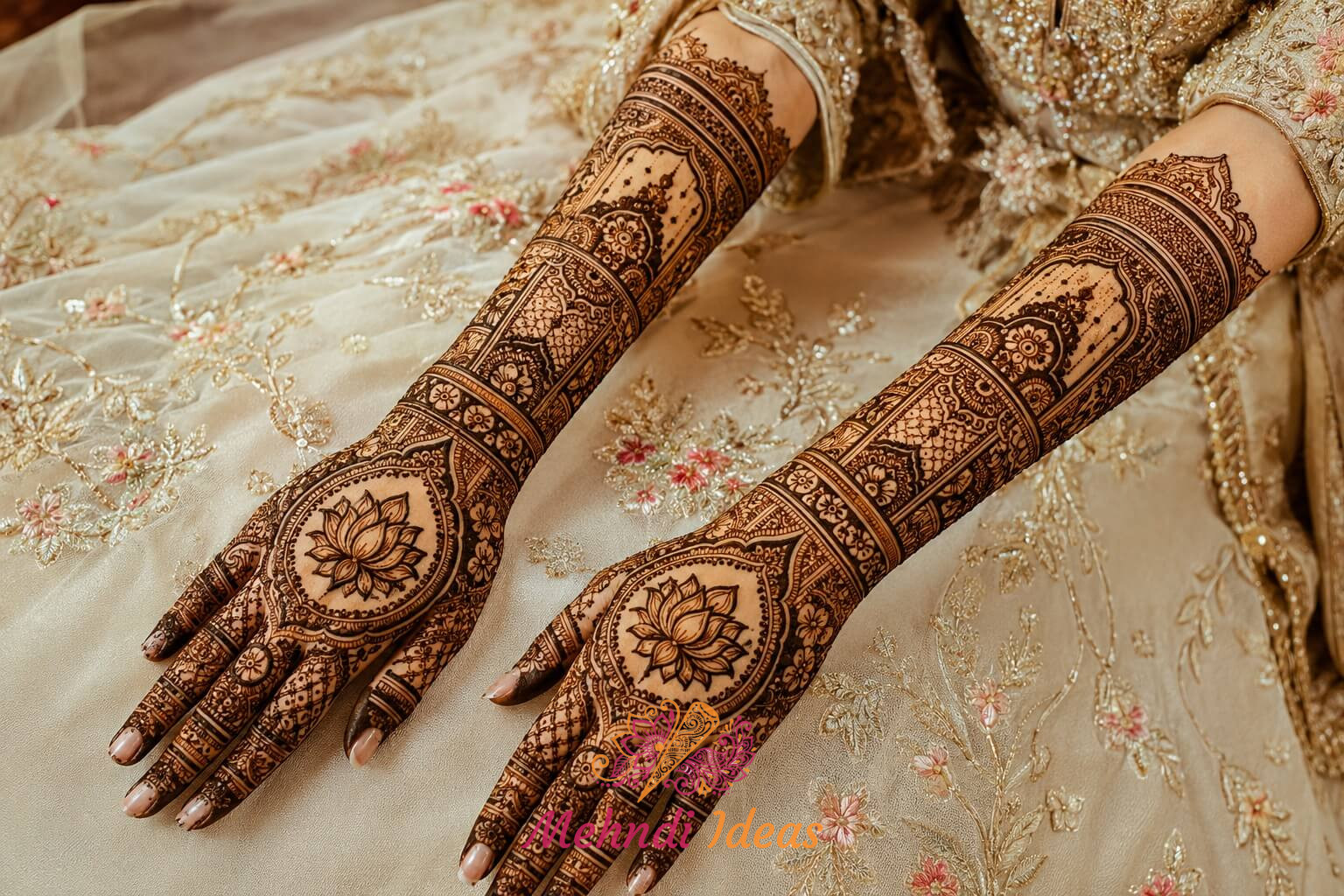 शाही वस्त्र कढ़ाई से प्रेरित बहु-स्तरीय कमल ब्राइडल मेहंदी डिज़ाइन बैक हैंड पर राजसी एम्ब्रॉयडरी और कमल पैटर्न