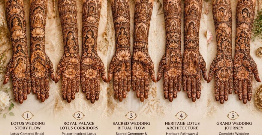 Wedding Story Flow Lotus Bridal Mehndi Designs collection featuring front hand and back hand bridal mehndi patterns with lotus storytelling motifs and full forearm coverage