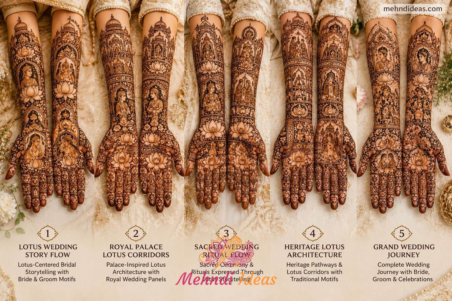 Wedding Story Flow Lotus Bridal Mehndi Designs collection featuring front hand and back hand bridal mehndi patterns with lotus storytelling motifs and full forearm coverage