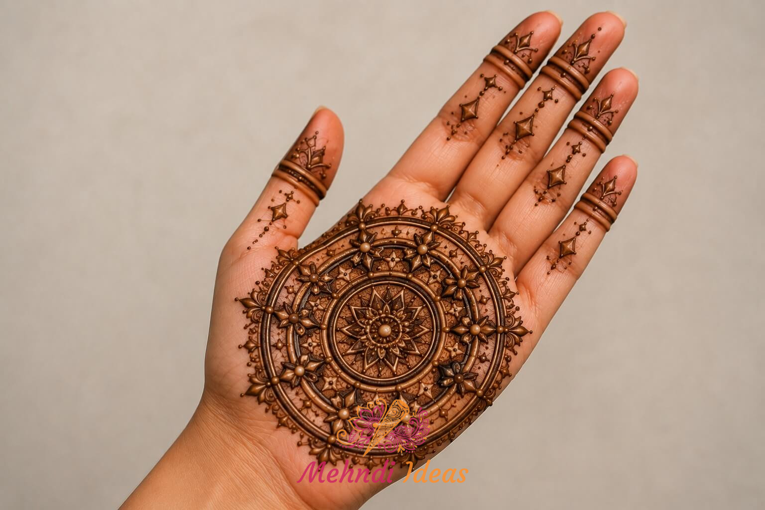 Celestial Orbital Mandala 3D Bridal Front Hand Mehndi Design