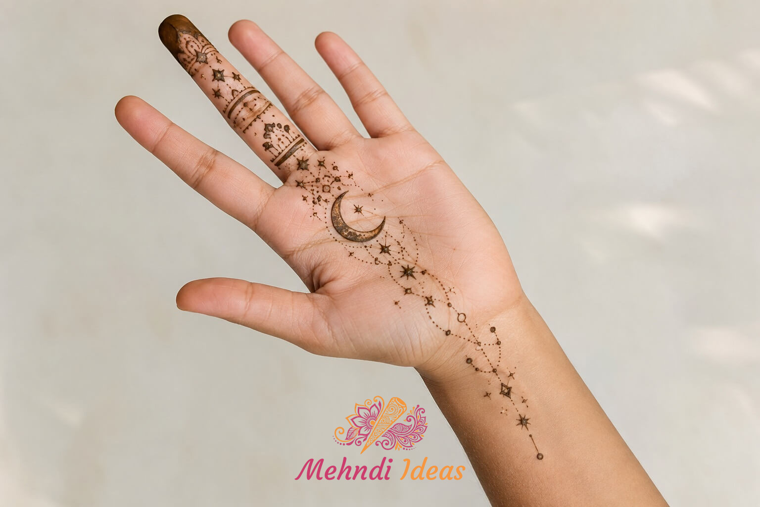 Front hand 1 Finger Mehndi Design with crescent moon and constellation details