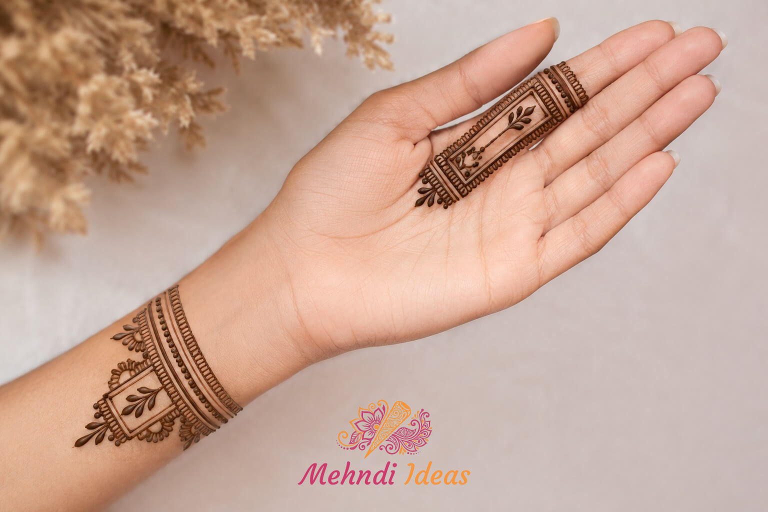 Front hand 1 Finger Mehndi Design with symmetrical art deco frame