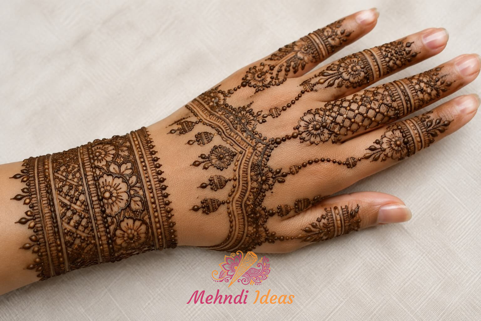 Heritage textile inspired Jewelry Back Hand Mehndi Design with layered ornamental details