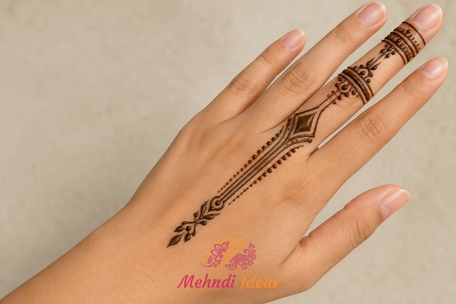 Back hand 1 Finger Mehndi Design with modern linear ornament pattern