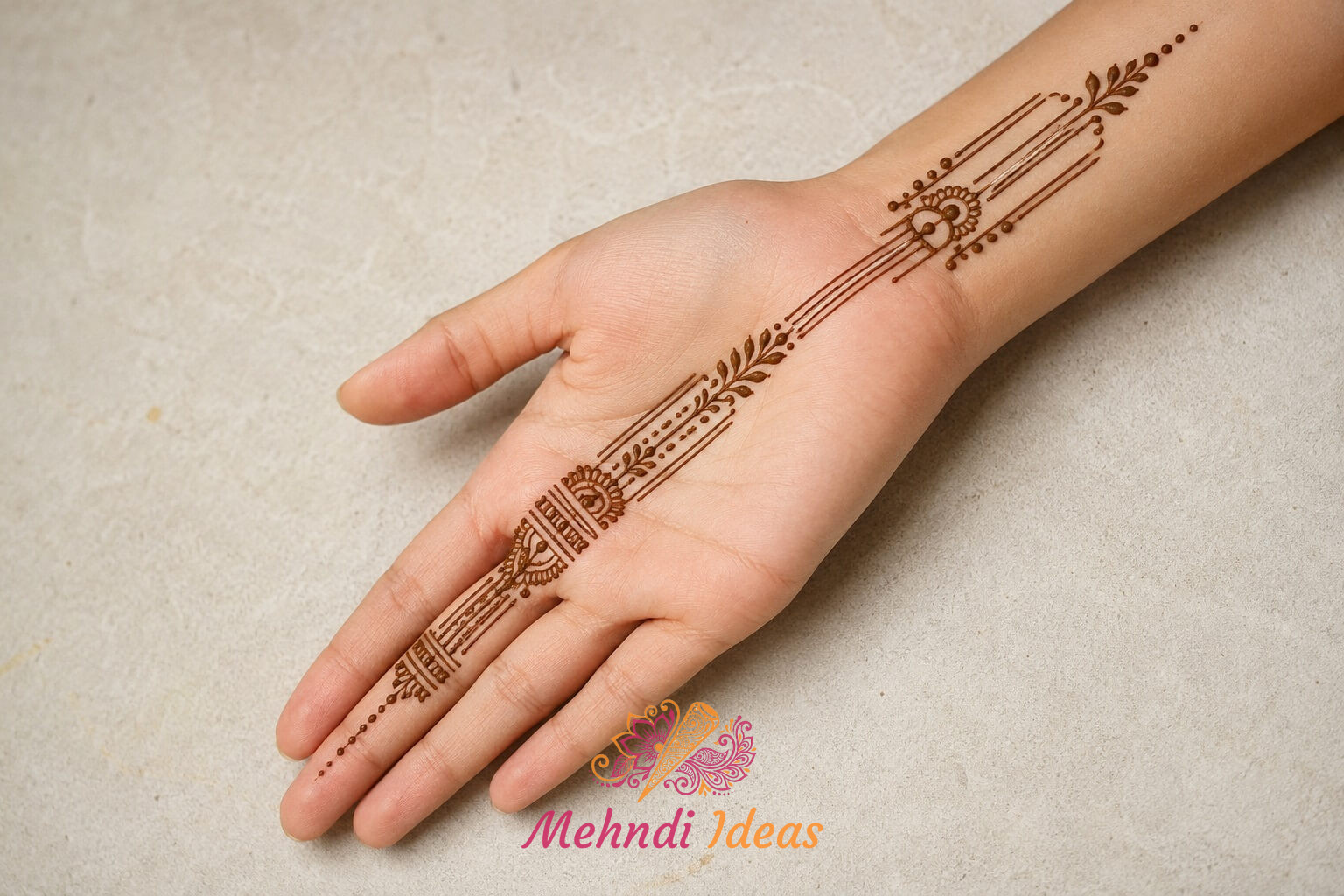 Front hand 1 Finger Mehndi Design with modern linear ornament minimal layout