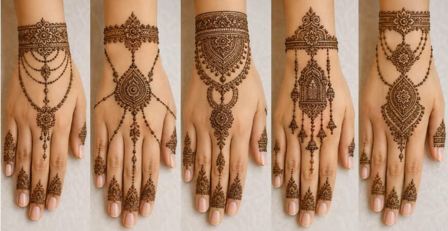 Luxury Jewelry Back Hand Mehndi Design collection featuring five unique elegant back hand mehndi styles with premium ornament-inspired layouts
