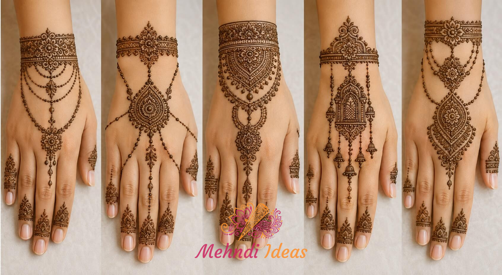 Luxury Jewelry Back Hand Mehndi Design collection featuring five unique elegant back hand mehndi styles with premium ornament-inspired layouts