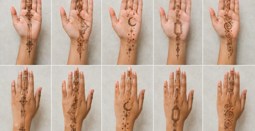 Front and back hand 1 Finger Mehndi Design collection featuring five unique minimal finger mehndi patterns