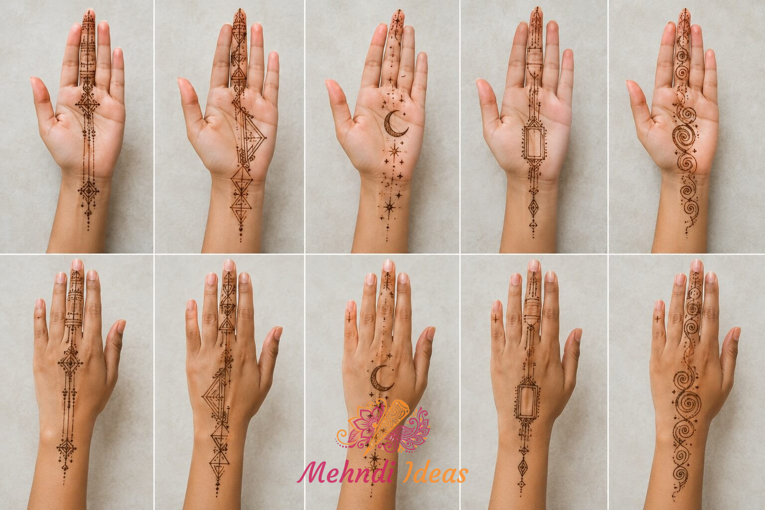 Front and back hand 1 Finger Mehndi Design collection featuring five unique minimal finger mehndi patterns