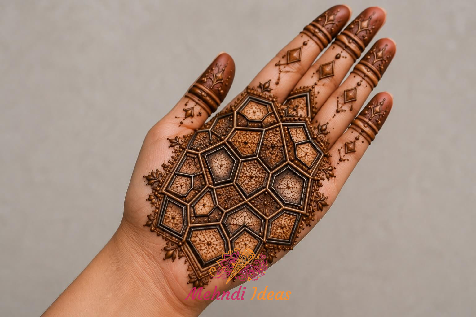 Mirror Mosaic Relief 3D Bridal Front Hand Mehndi Design