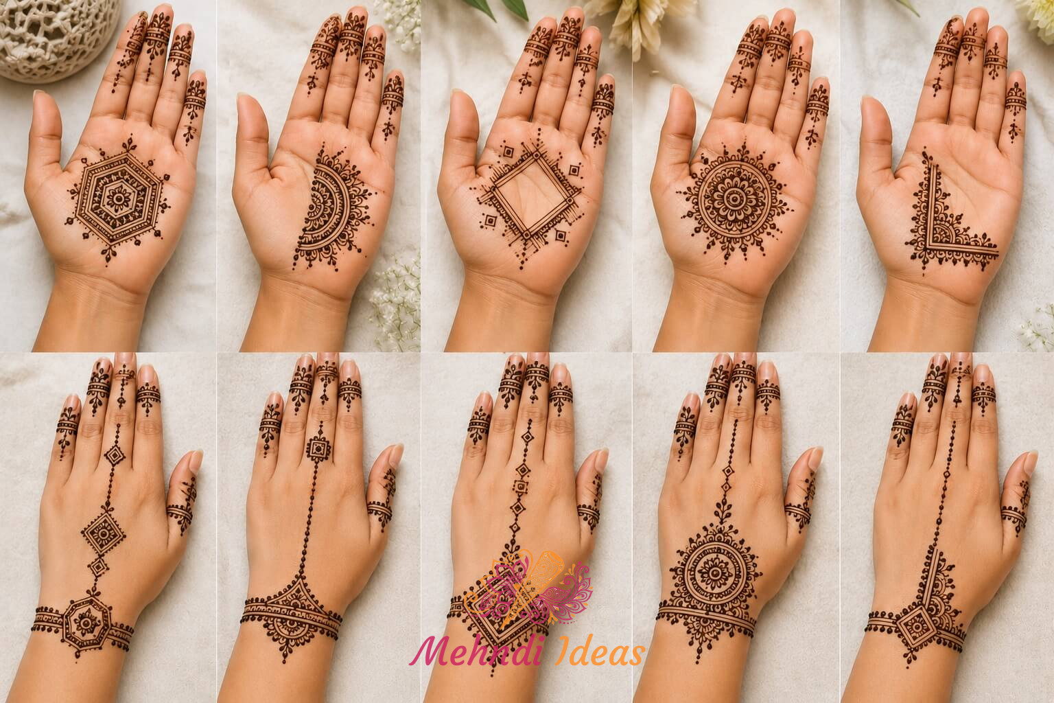 नए मेहंदी डिज़ाइन कलेक्शन में मॉडर्न और सिंपल पैटर्न वाले 5 आसान डिज़ाइन शामिल हैं, जो हाथ के आगे और पीछे दोनों तरफ़ लगाए जा सकते हैं।