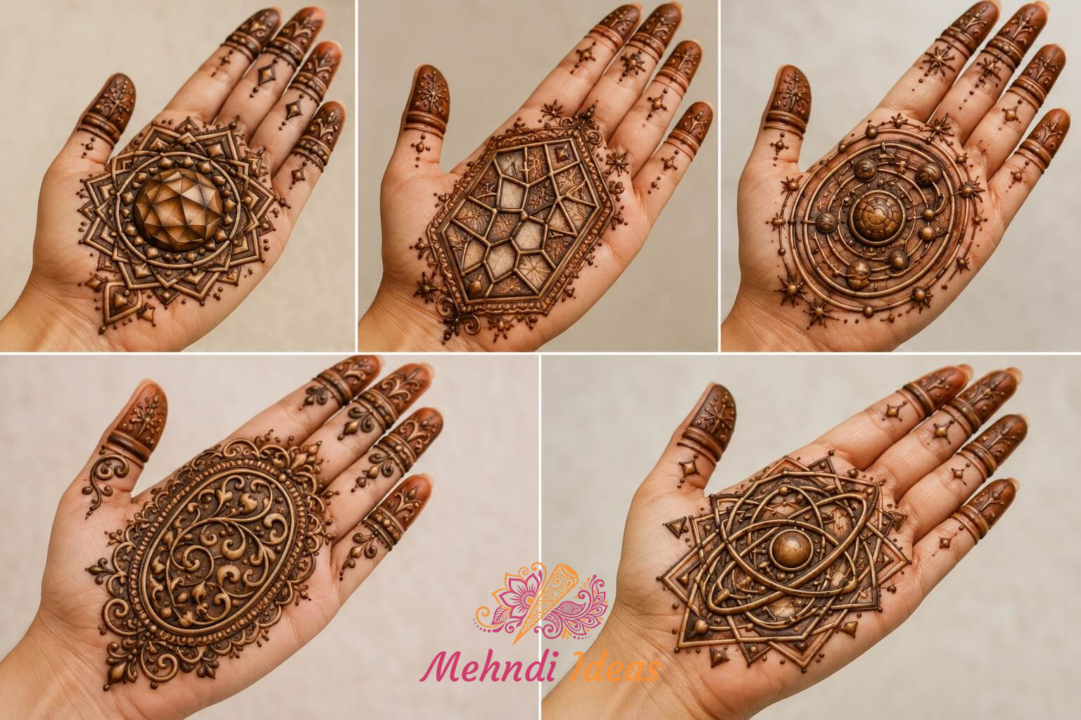 Orbital Geometry Relief 3D Mehndi Design for Bridal Front Hand