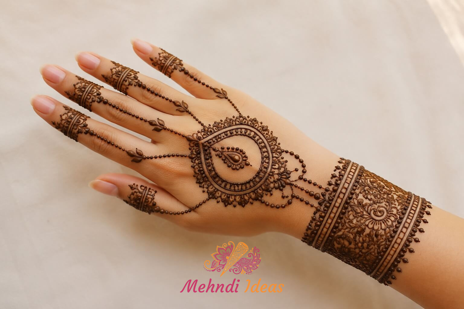 Pendant inspired Jewelry Back Hand Mehndi Design with elegant ring connector structure