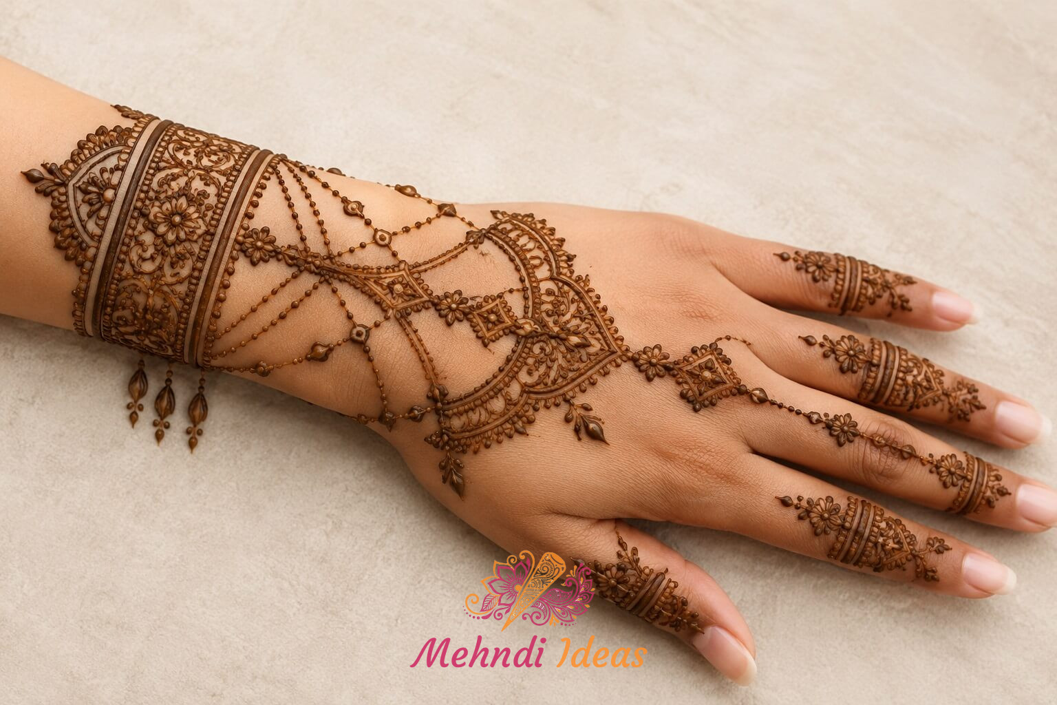 Royal chain drape Jewelry Back Hand Mehndi Design with layered ornament inspired layout