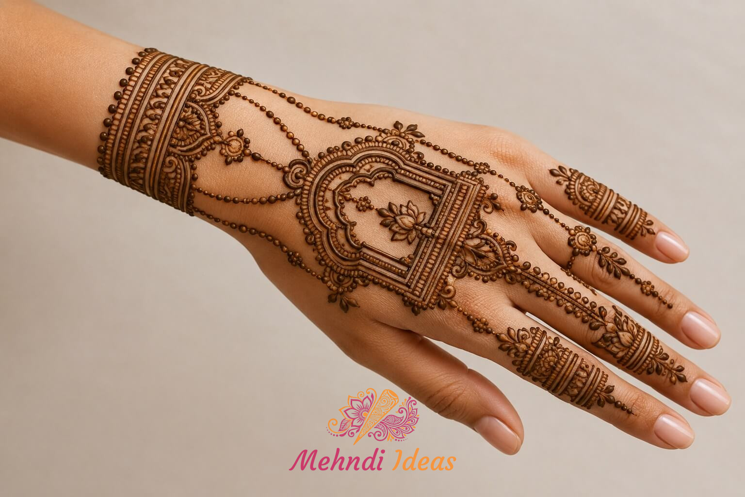 Royal jharokha inspired Jewelry Back Hand Mehndi Design with luxury ornament framework