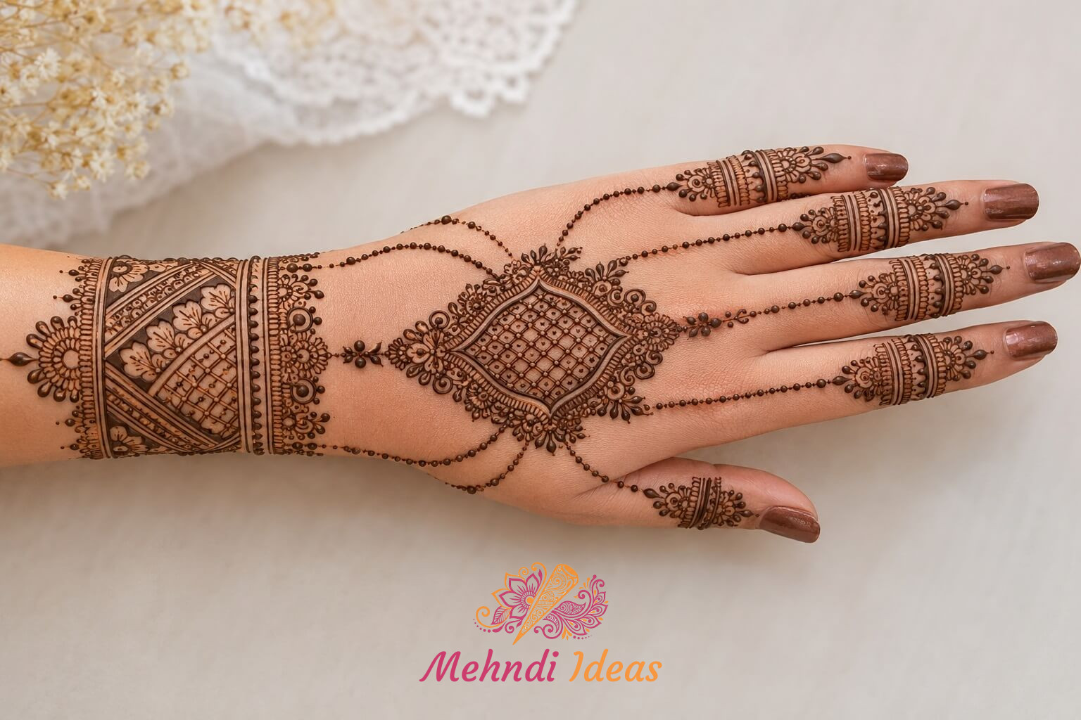 Royal textile ornament Jewelry Back Hand Mehndi Design with symmetrical luxury layout