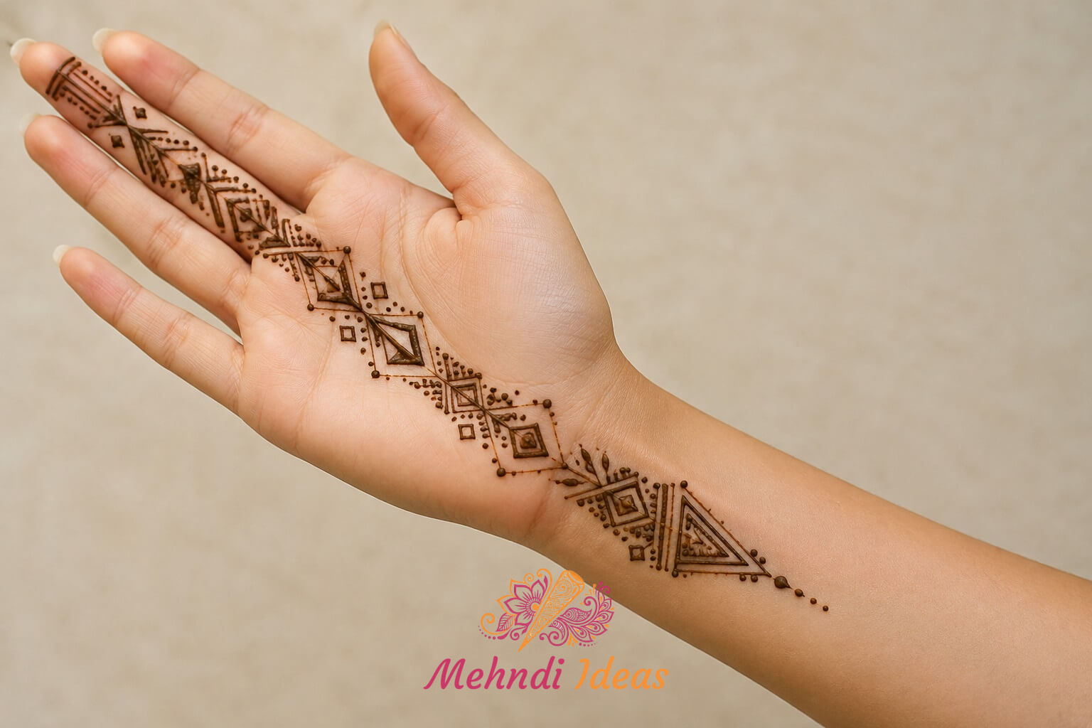Front hand 1 Finger Mehndi Design with asymmetrical geometric triangle pattern
