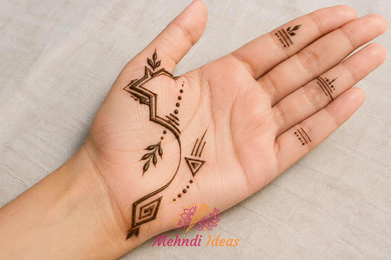Arabic Henna Design with abstract linear geometry on front hand