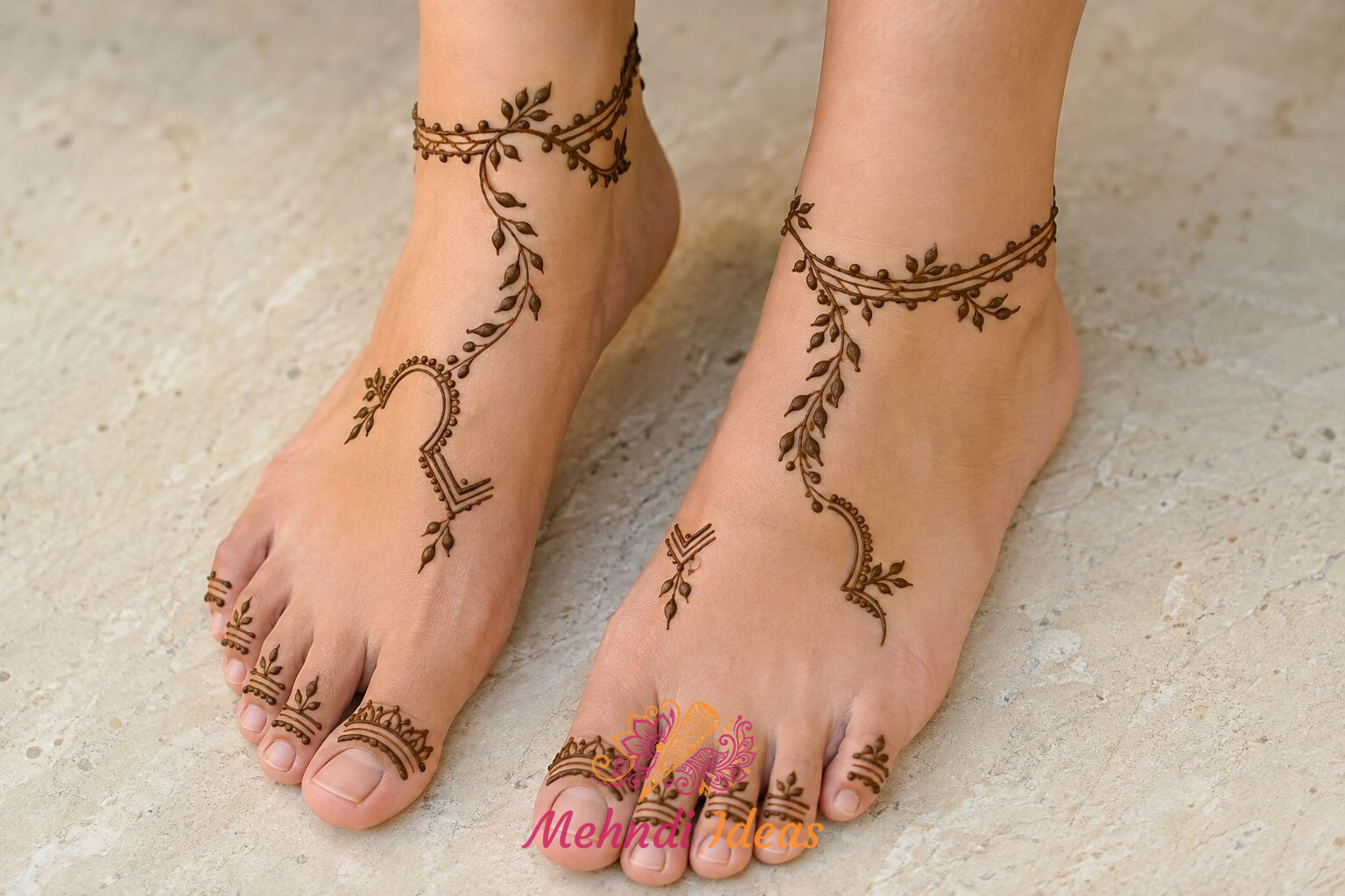 Arabic Henna Design with leaf anklet flow on feet