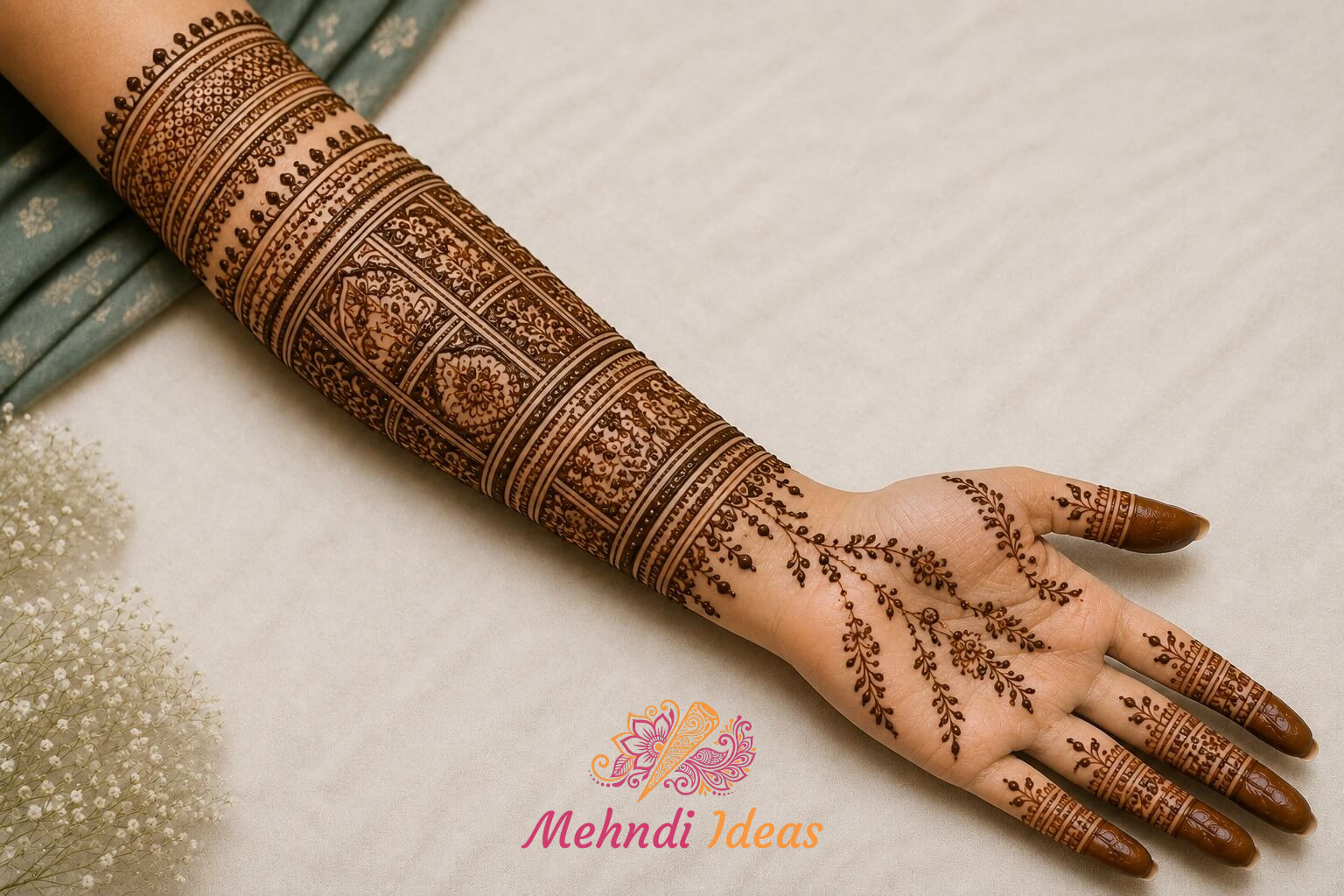 Bangle Design Mehndi में चौड़े नक्काशीदार कड़े वाली ब्राइडल फ्रंट हैंड मेहंदी