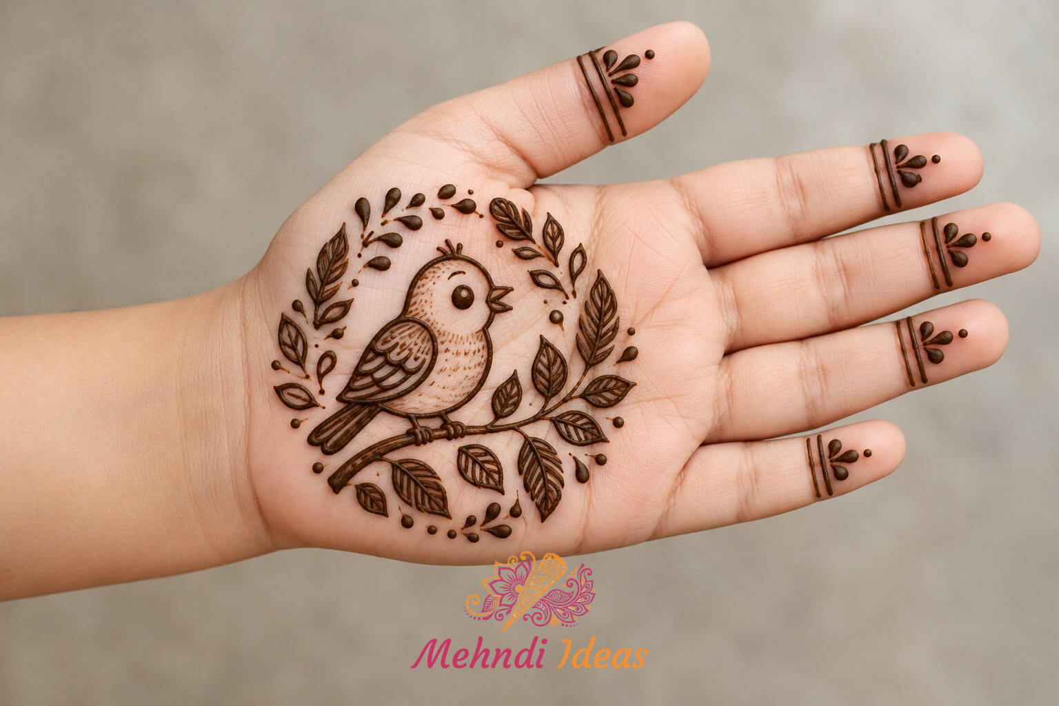 चहकती गौरैया और पत्तों वाला 4 साल के बच्चों की मेहंदी डिजाइन फ्रंट हैंड डिज़ाइन