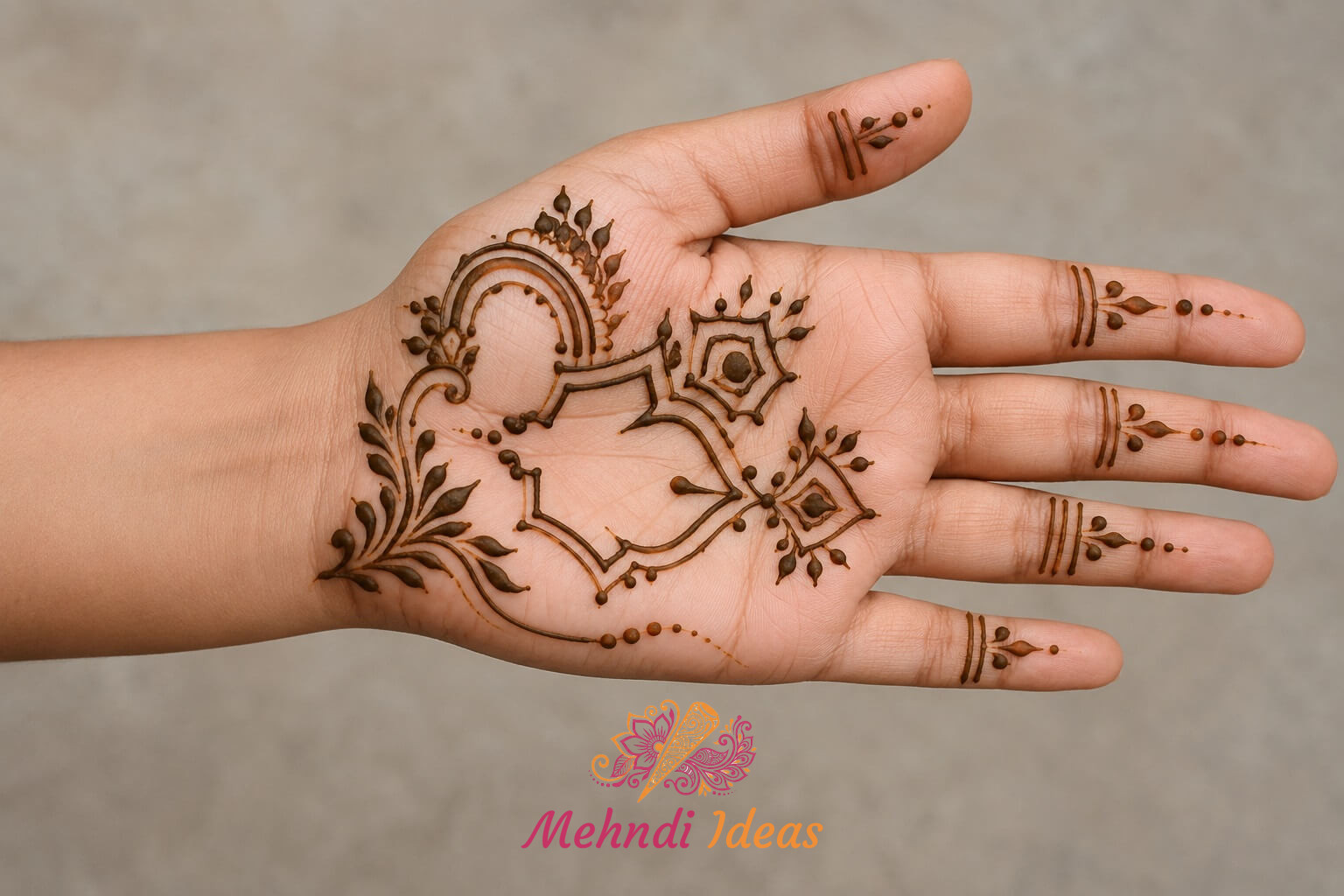 Arabic Henna Design with open angular festive pattern on front hand