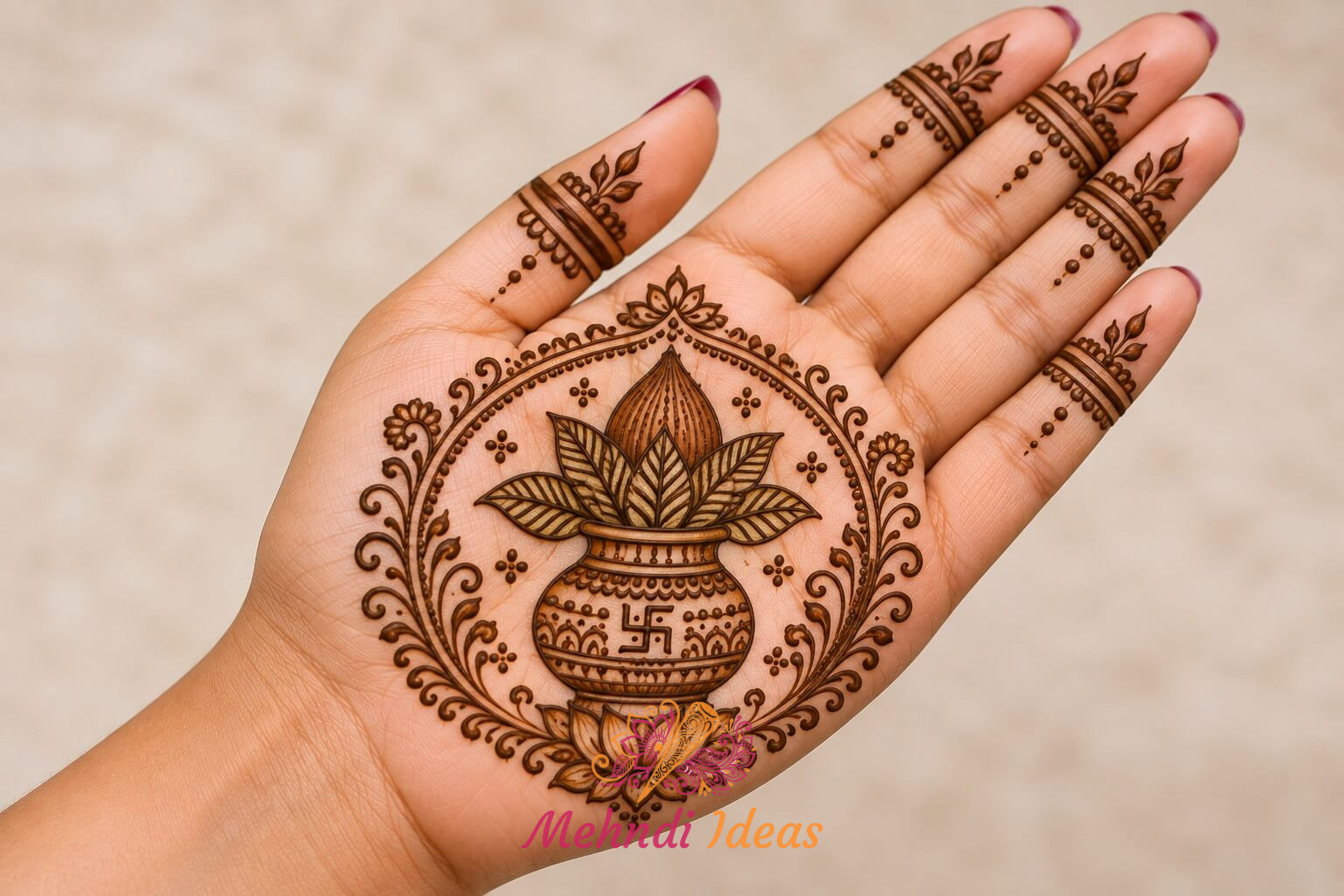 मंगल कलश और आम पल्लव प्रेरित फ्रंट हैंड मेहंदी डिजाइन