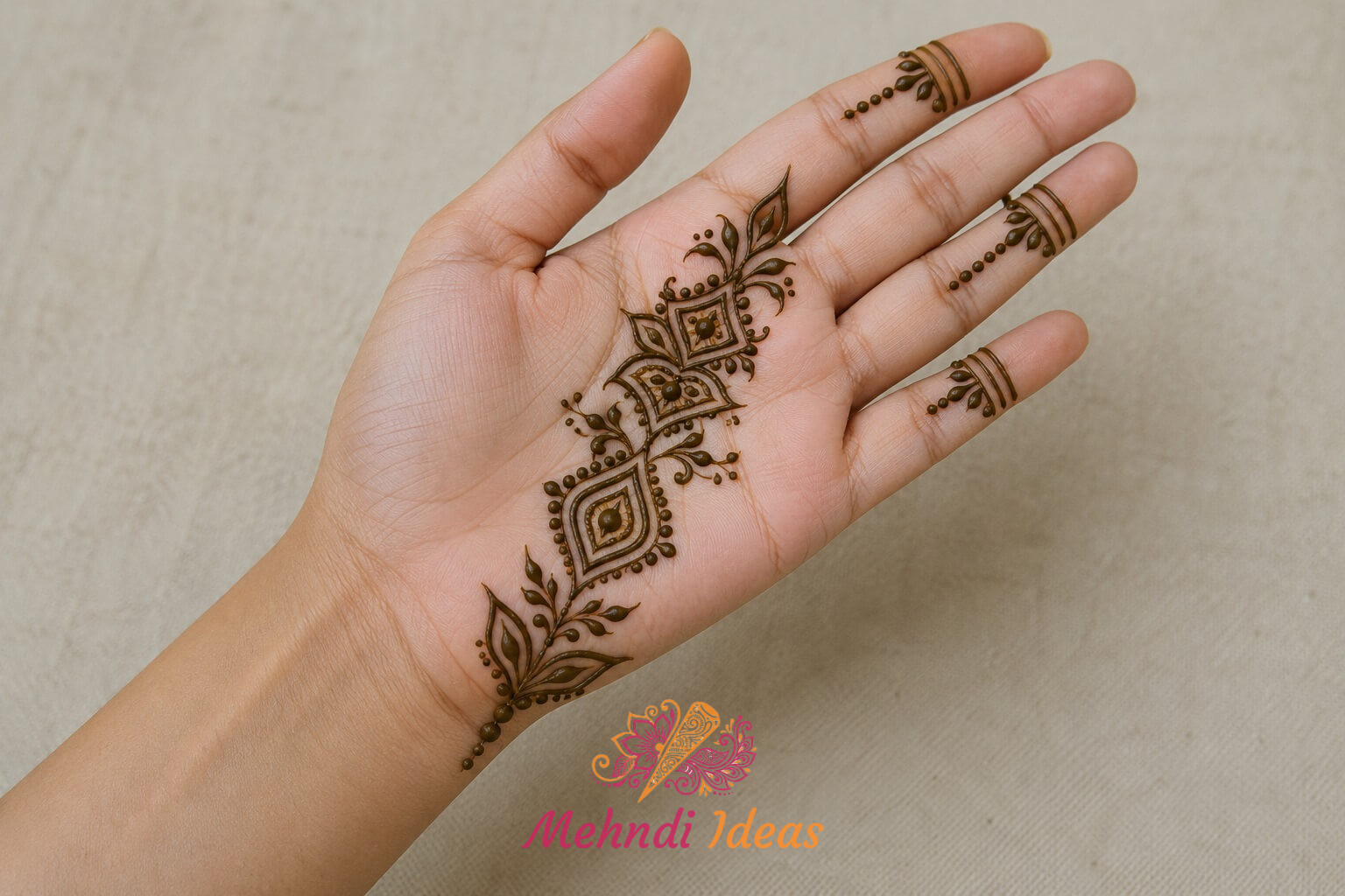 Arabic Henna Design with linear ornament and angular petal geometry on front hand