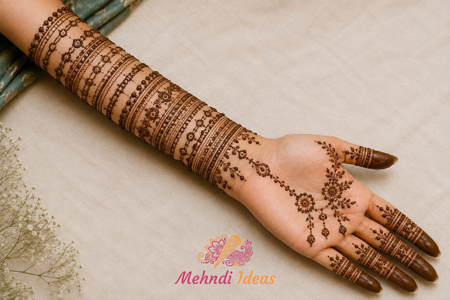 Bangle Design Mehndi में लिंक्ड चेन और पतली चूड़ी बैंड वाली ब्राइडल मेहंदी