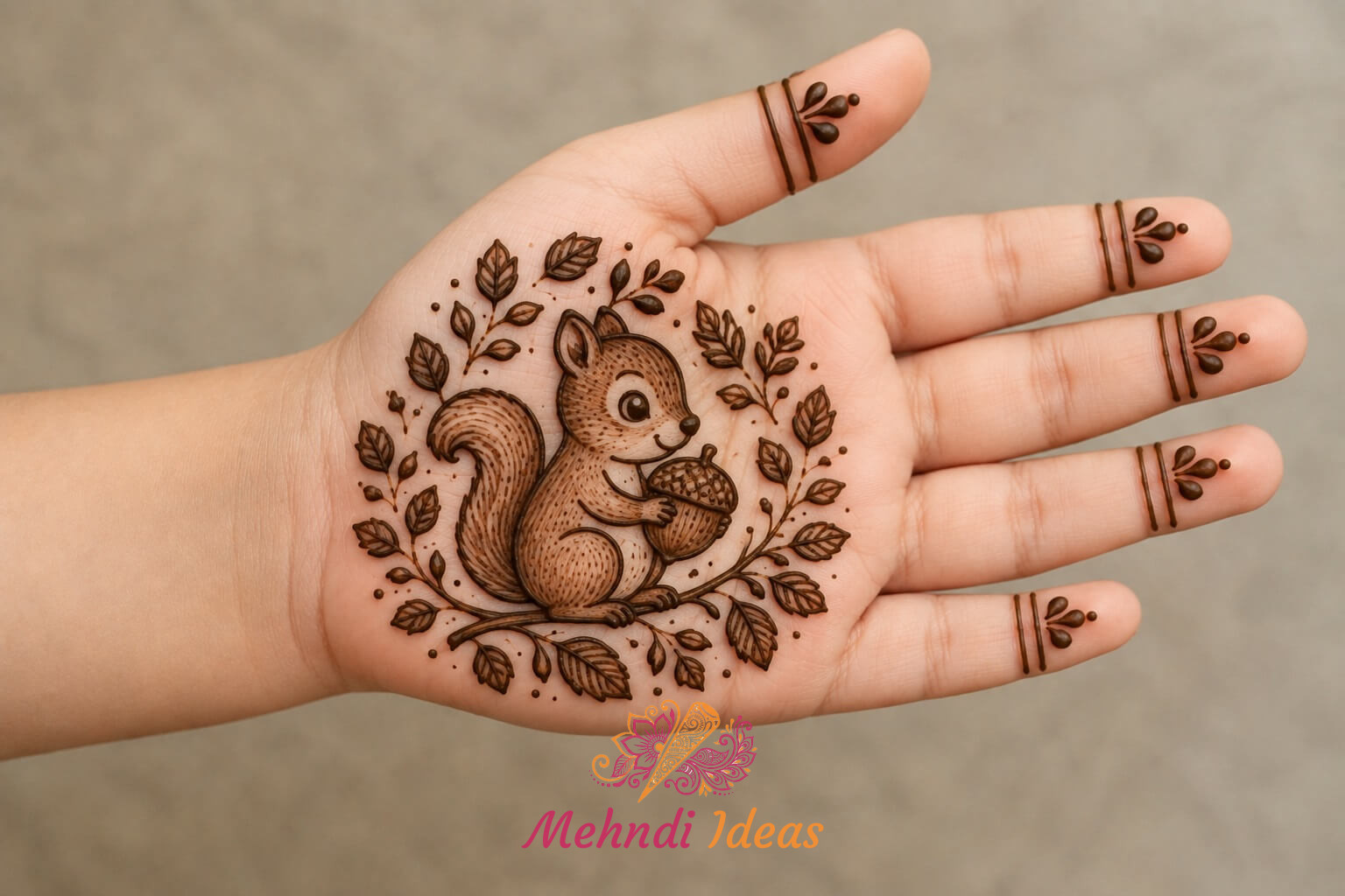 गिलहरी और बलूत फल वाला 4 साल के बच्चों की मेहंदी डिजाइन फ्रंट हैंड डिज़ाइन