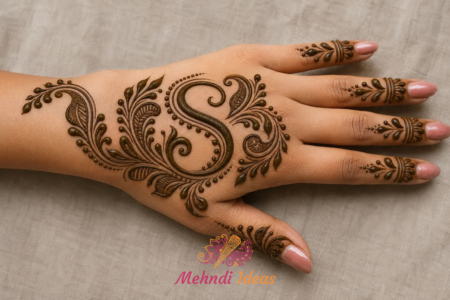 S Letter Mehndi Designs की कलाई तक जाती अरबी बैक हैंड मेहंदी