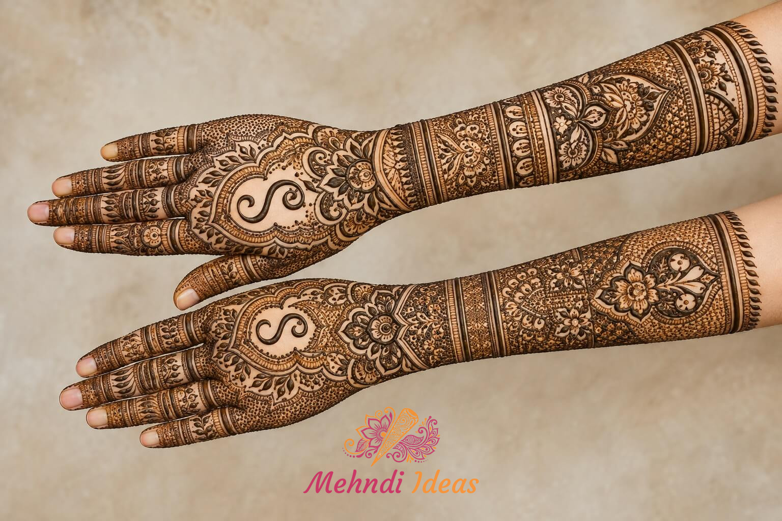S Letter Mehndi Designs की कोहनी तक भरी ब्राइडल बैक हैंड मेहंदी