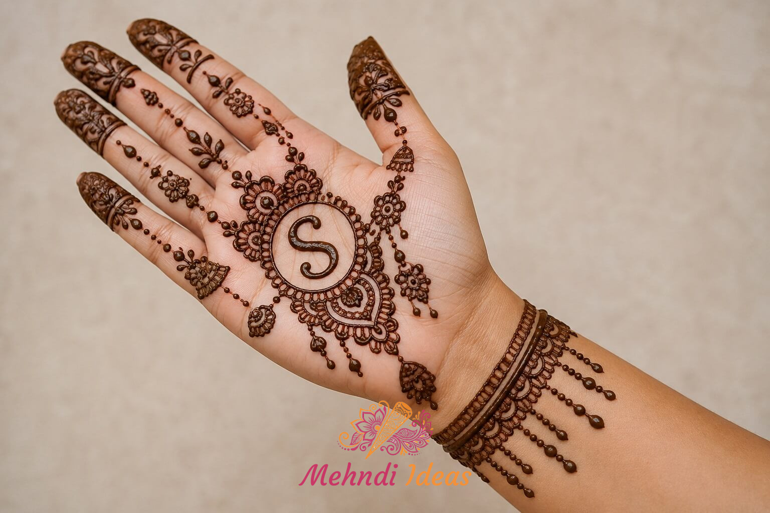 S Letter Mehndi Designs की आभूषण प्रेरित फ्रंट हैंड मेहंदी