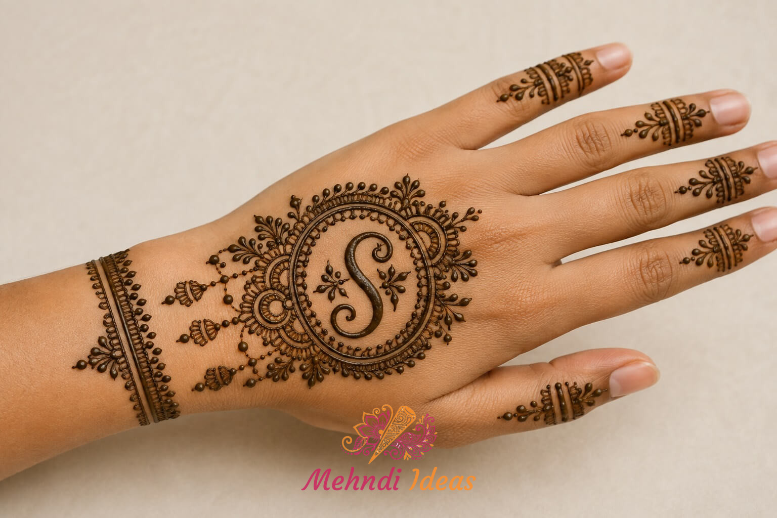 S Letter Mehndi Designs की पारंपरिक भारतीय बैक हैंड मेहंदी