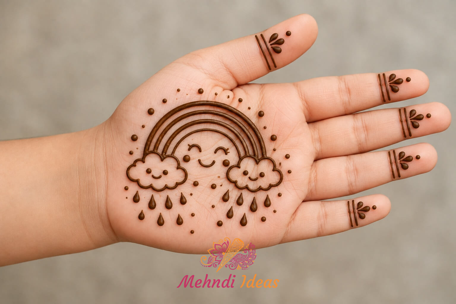 इंद्रधनुष और बारिश वाला 4 साल के बच्चों की मेहंदी डिजाइन फ्रंट हैंड डिज़ाइन