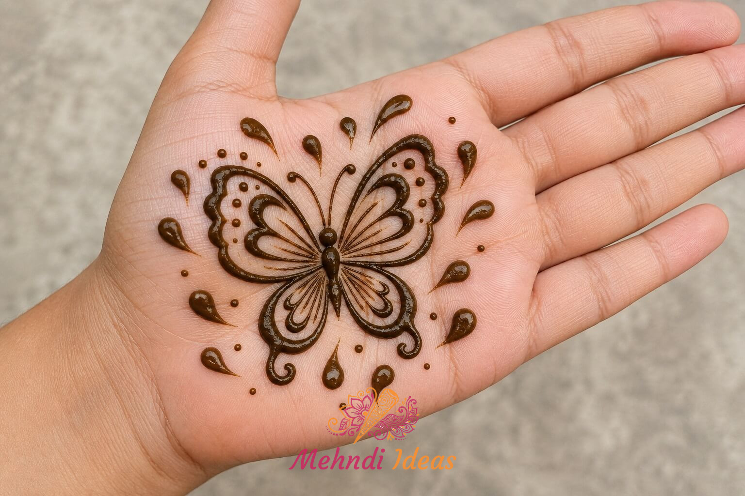 Cute Sparkle Drop Butterfly Mehndi Design for Kids