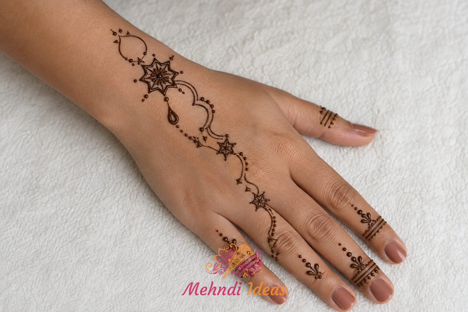Arabic Henna Design with star chain and open arches on back hand