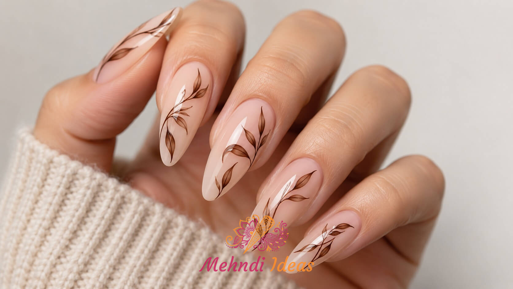 ब्राउन botanical line art वाला लंबे नाखूनों का नेल आर्ट