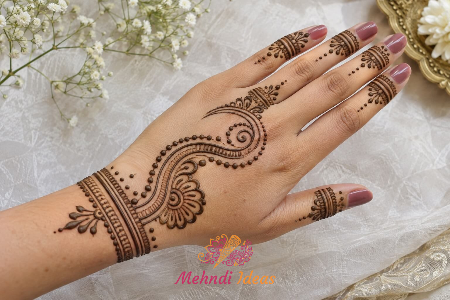 dot mehndi design back hand में बिंदीदार शंख-रेखा और सजावटी पट्टियों वाली शादी की मेहंदी