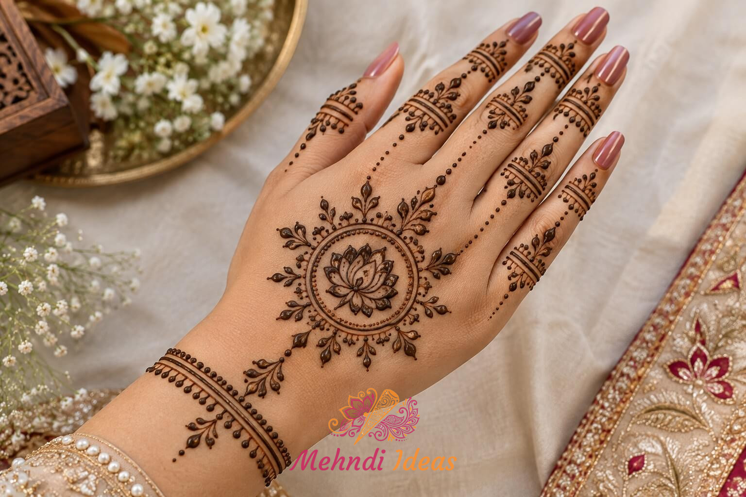 dot mehndi design back hand में खुली कमल-प्रेरित मध्य संरचना वाली शादी की मेहंदी