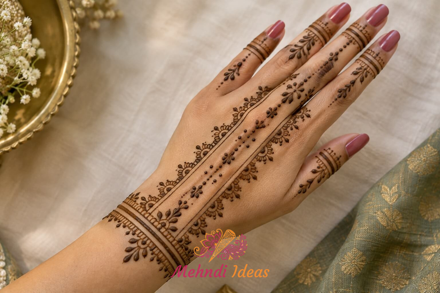 dot mehndi design back hand में बिंदीदार कंगूरेदार किनारों वाली पारंपरिक शादी की मेहंदी