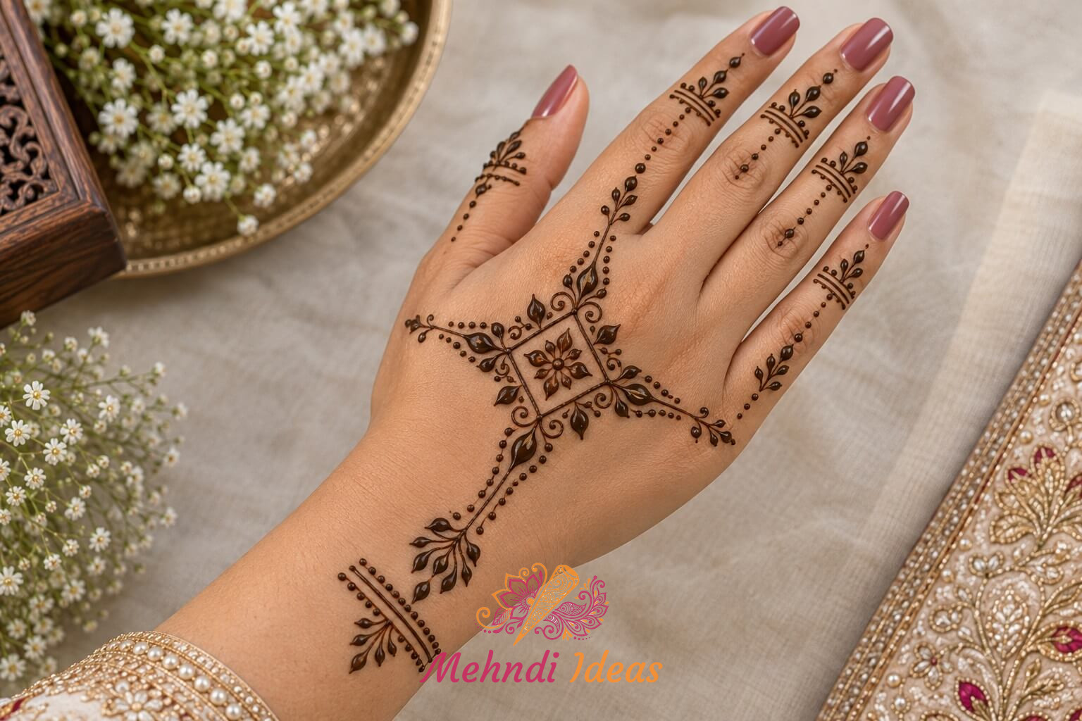 dot mehndi design back hand में चार दिशाओं में फैली बिंदीदार रेखाओं वाली शादी की मेहंदी