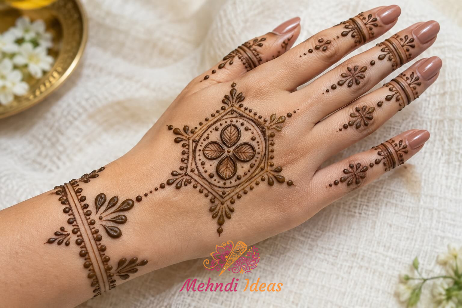 dot mehndi design back hand में चार पंखुड़ी वाले गोल पैटर्न की शादी की मेहंदी