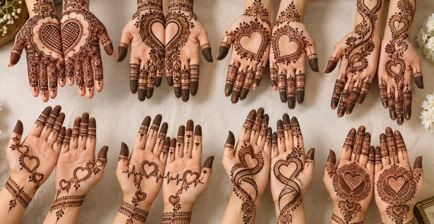 Heart Design Mehndi के 8 अलग-अलग फ्रंट हैंड डिज़ाइनों का कलेक्शन