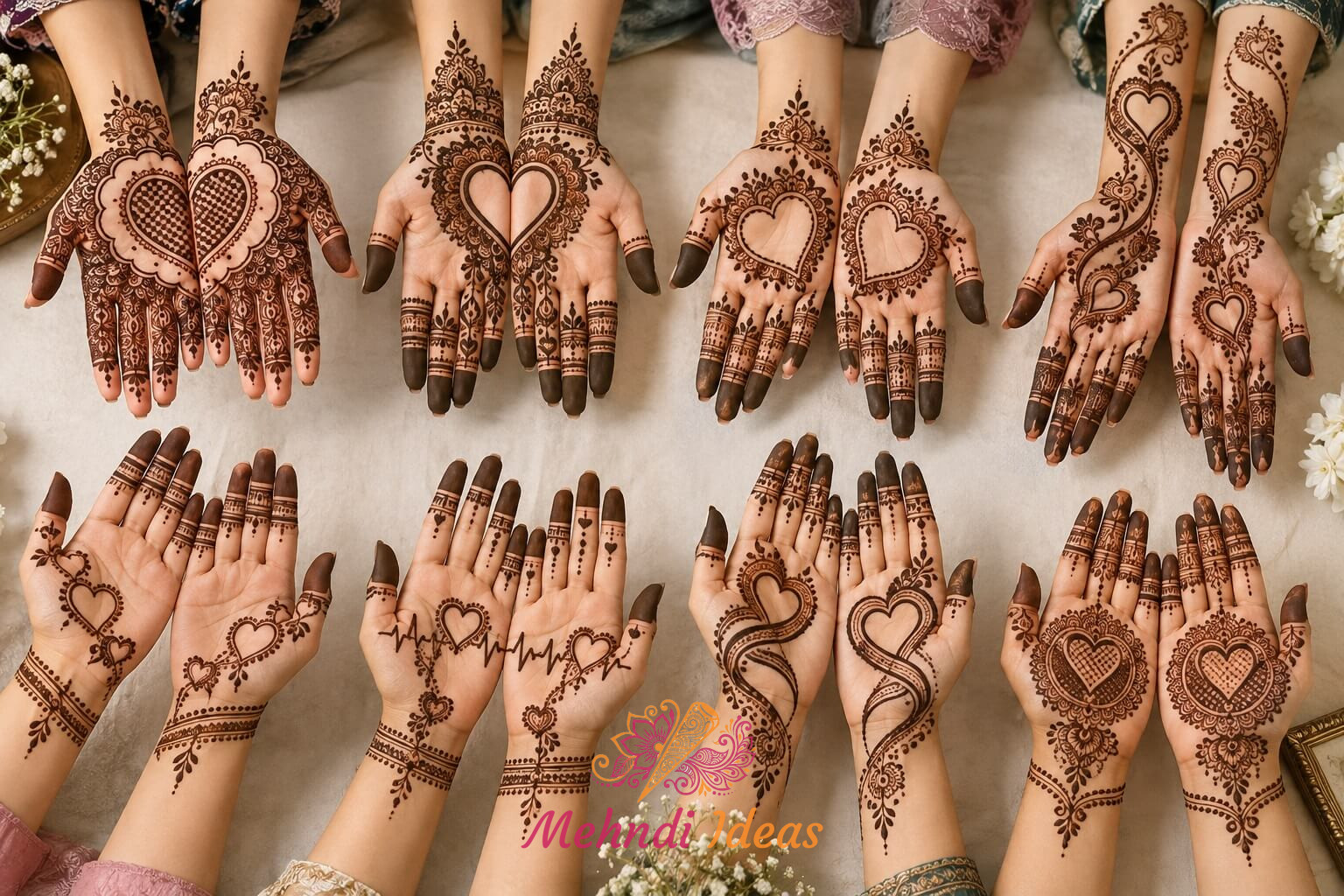 Heart Design Mehndi के 8 अलग-अलग फ्रंट हैंड डिज़ाइनों का कलेक्शन