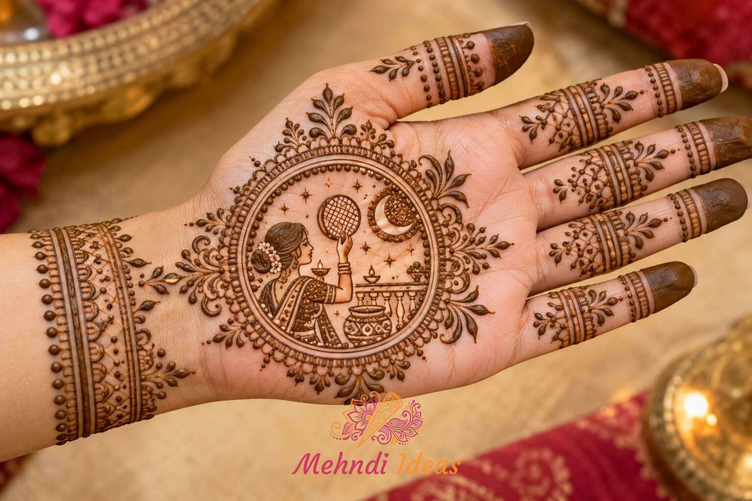 करवा चौथ मेहंदी डिज़ाइन में छलनी और चांद कथा से प्रेरित पारंपरिक फ्रंट हैंड पैटर्न